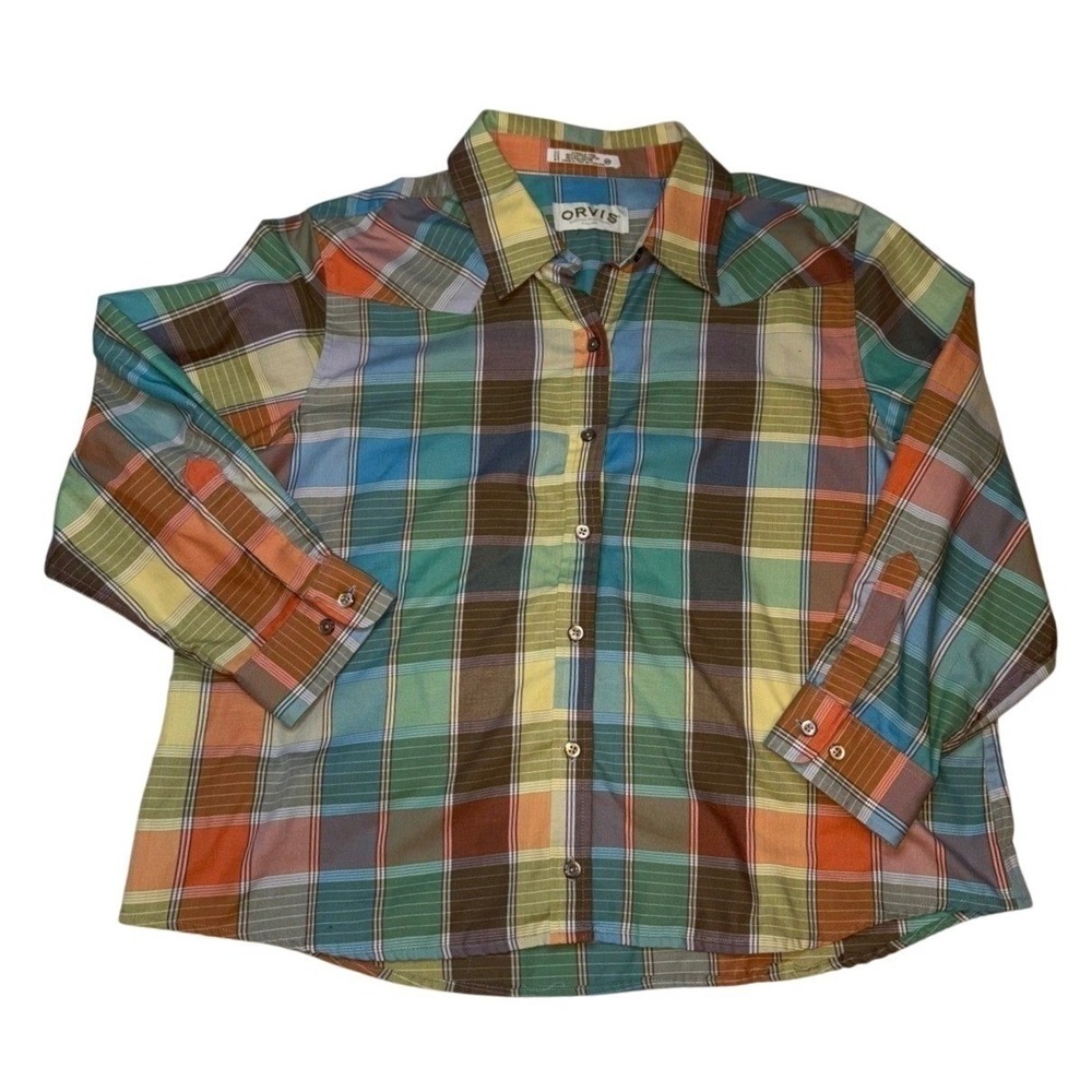 Orvis Womens 20 Plus Plaid Hiking Shirt Wrinkle Free Button Down Outdoor Top Tan